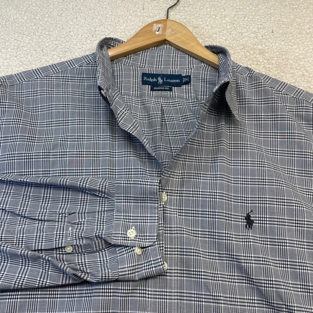 Ralph Lauren Button Down Mens 18 36/37 Navy Plaid Classic Fit Long Sleeve Shirt